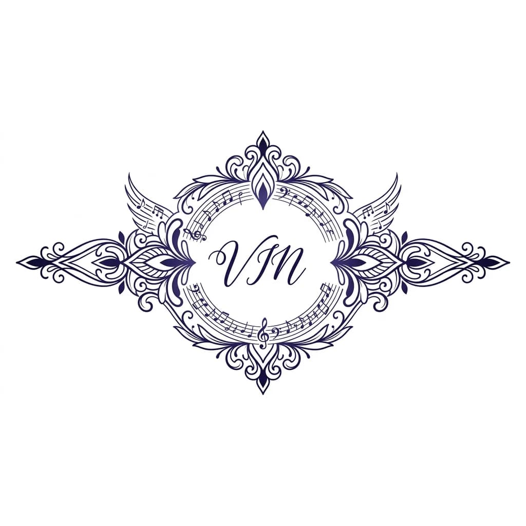 Тату эскиз:  VIN оформлено как изящный рукописный текст в центре, вокруг — две тонкие линии-крылья из нотных элементов (мелкие ноты и ключи), образующие полукруг над VIN и под ним. Цвета: чернильно-синий или фиолетовый градиент.