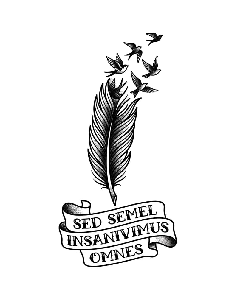 Тату эскиз: легкое перышко с вылетающими птицами