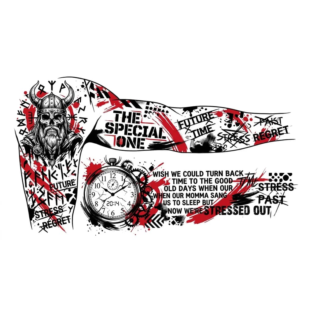 Тату эскиз: Это должен быть эскиз рукава в жанре Трэш-полька. С основными цветами: чёрный и красный.
Основным элементом на предплечье должны быть аналоговые часы с арабскими цифрами, указывающих время 20:14. Сквозь них должна быть цитата из песни twenty one pilots: «Wish we could turn back time to the good old days when our momma sang us to sleep but now we're stressed out». 
Основным элементом на плече должен быть скелет викинга со скандинавскими рунами вокруг.
Пустоты заполнить перечеркнутыми словами.