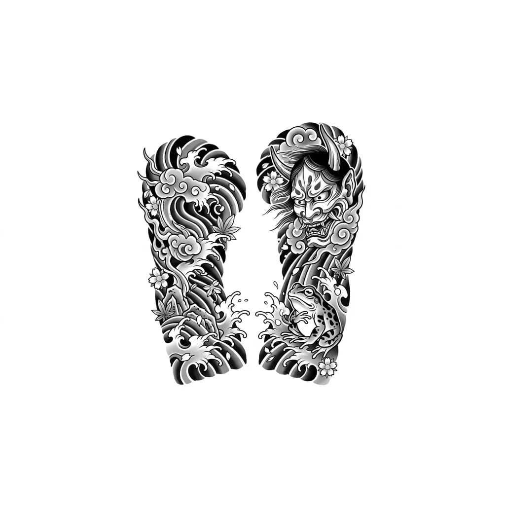 Тату эскиз: Маска Они в верхней части рукава, в нижней жаба, фон - волны 