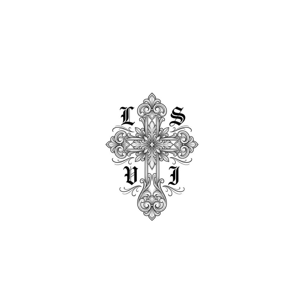 Тату эскиз: Крест в стиле чикано или барокко, буква L в верхнем левом углу креста, буква S в правом верхнем углу креста, буква V в нижнем левом углу креста, буква I в правом нижнем углу креста. Буквы в готическом шрифте