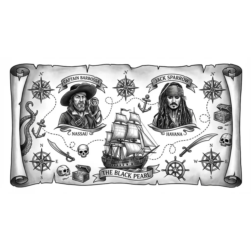 Тату эскиз: Создай эскиз рукава , в стиле пиратов карибского моря ,это должна быть карта с пунктирными линиями от островов.Острова должны быть Нассау ,Гавана,так же вместо островов должен быть капитан Барбоза,Джек воробей,Черная жемчужина,названия должны находится снизу островов в виде ленточек,нужно на карте расположить все пиратские атрибуты.Карта должна быть основой рукава 