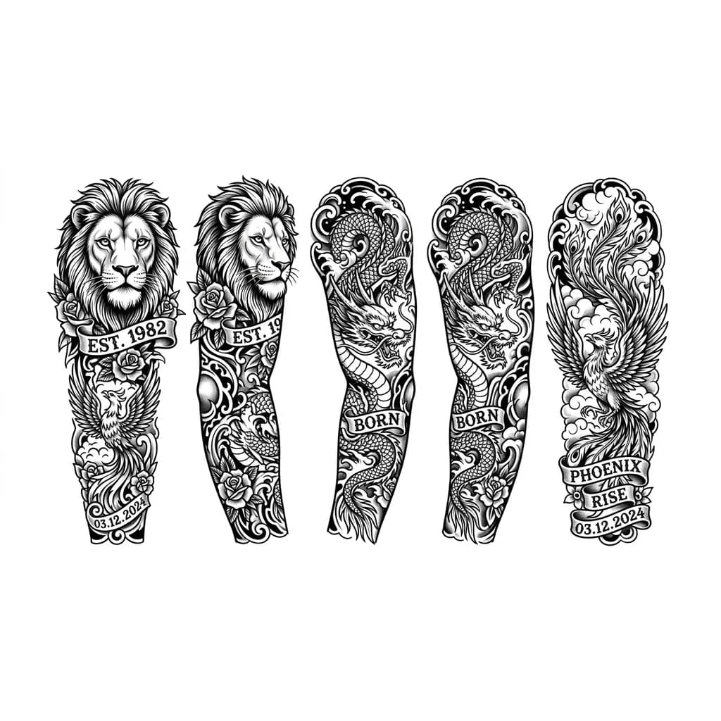 Татуировка в стиле реализм, чтобы был лев, дракон и феникс, даты рождения и надписи