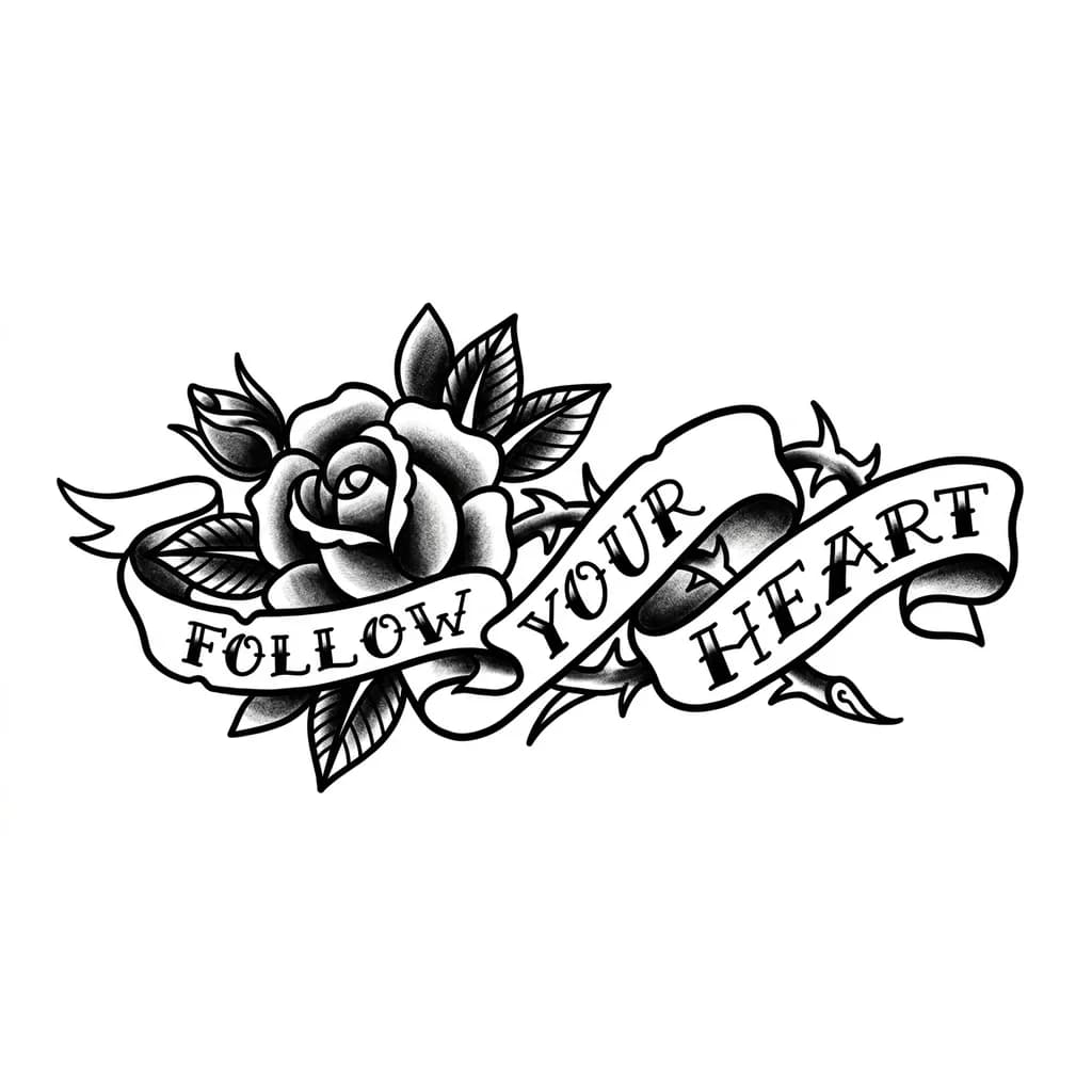 небольшая татуировка на ключице с цветком и текстом «следуй за своим сердцем» на английском языке