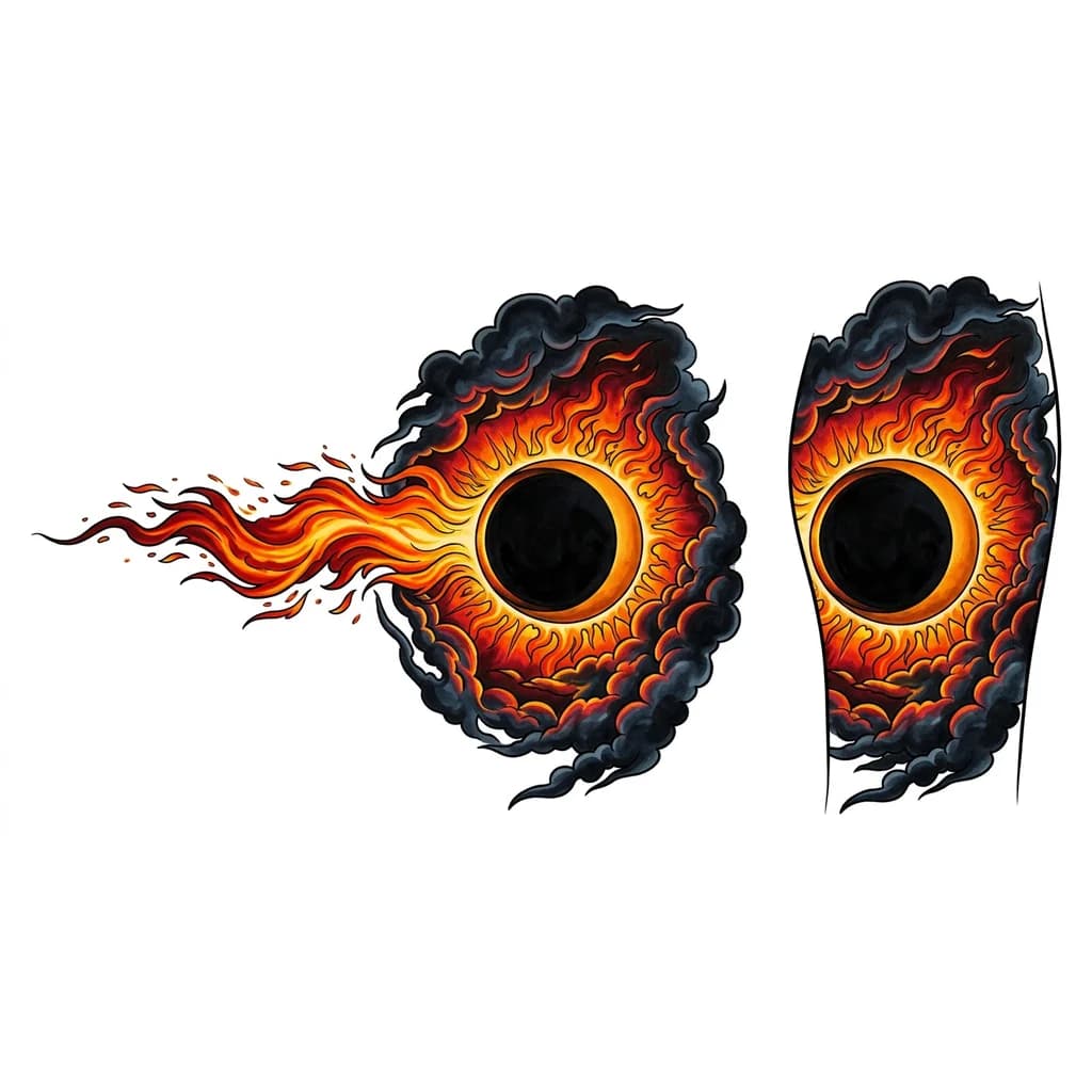 Тату эскиз: Солнечное затмение в огне, от солнца идетогненый луч. Вокруг тьма и черные облака в отсветах огня
