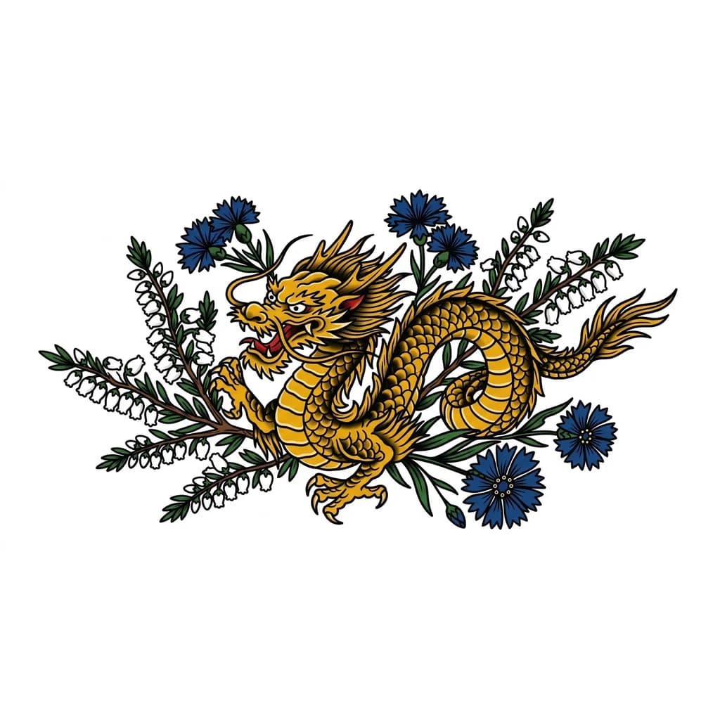 Тату эскиз: Золотой дракон летит в веточках белого вереска и васильках. 