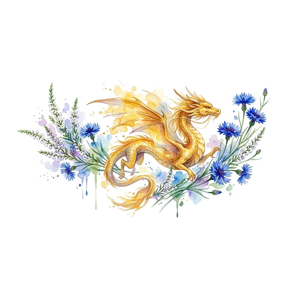 Тату эскиз: Золотой дракон летит в веточках белого вереска и васильках. 