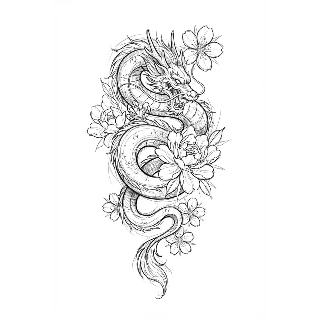 Тату эскиз: Китайский дракон с цветами 