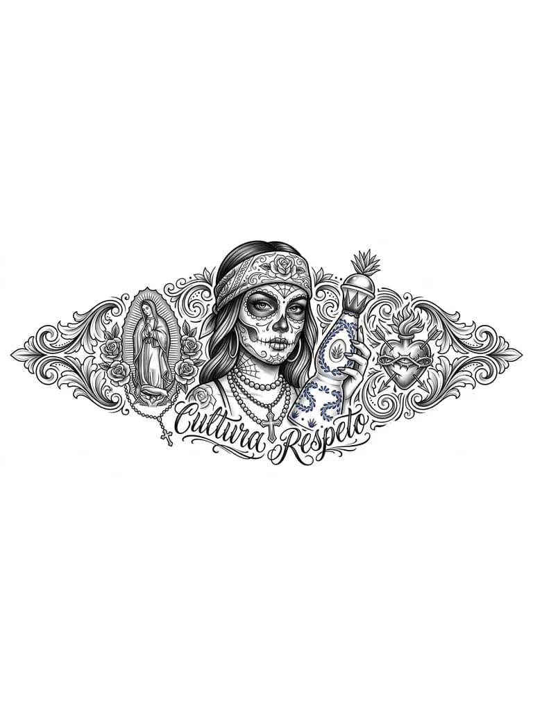 Тату эскиз: Девушка с лицом черепом держит в руке бутылку текилы clase azul 