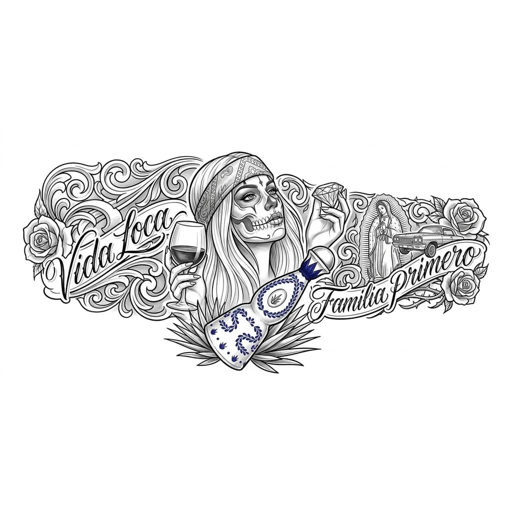 Тату эскиз: Девушка блондинка с лицом черепом, держит в одной руке бокал вина, в другой бриллиант, добавить куда то бутылку текилы clase azul reposado.