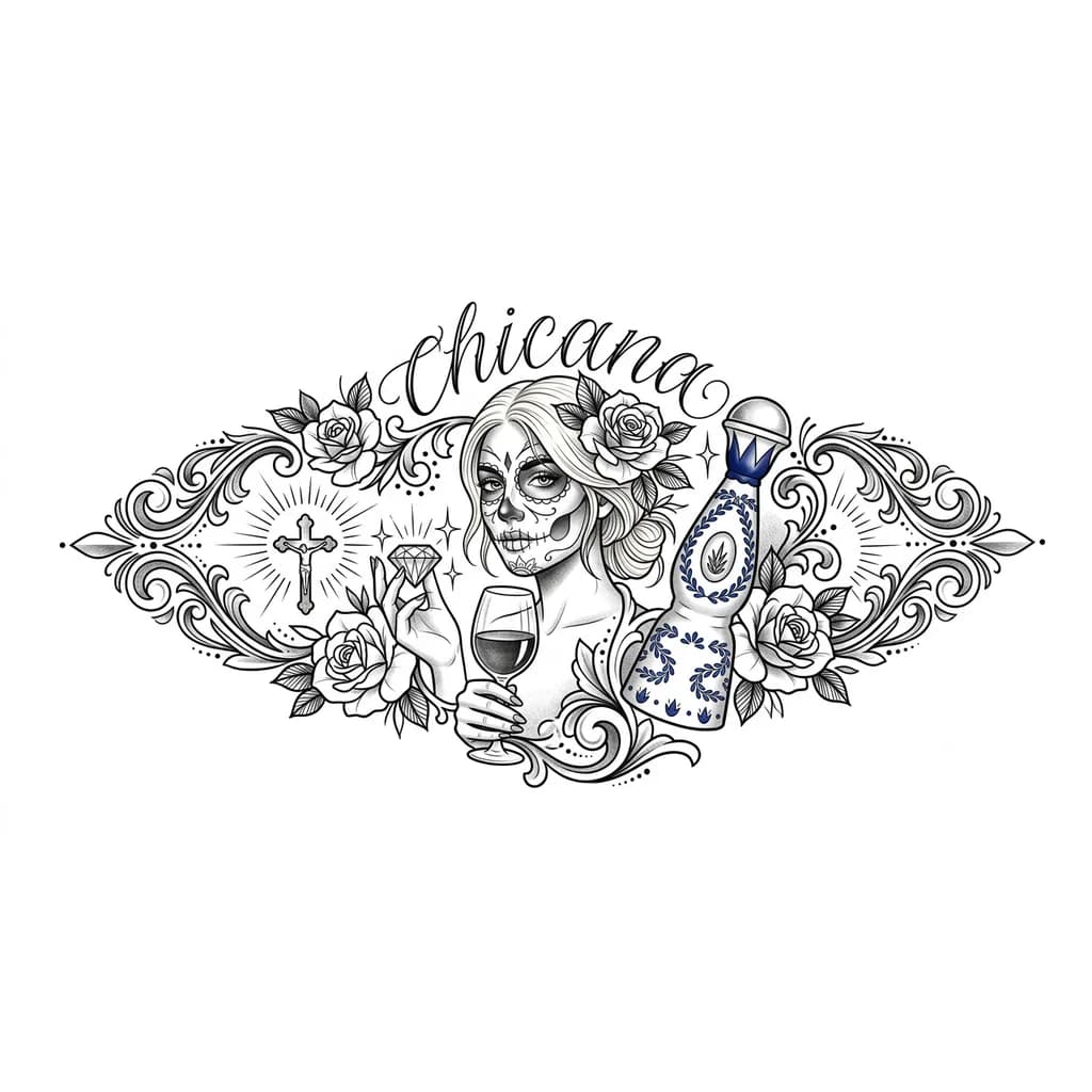 Тату эскиз: Девушка блондинка с лицом разукрашенным в виде черепа, без банданы на голове, держит в одной руке бокал вина, в другой бриллиант, еще добавить бутылку clase azul reposado, без надписей. 