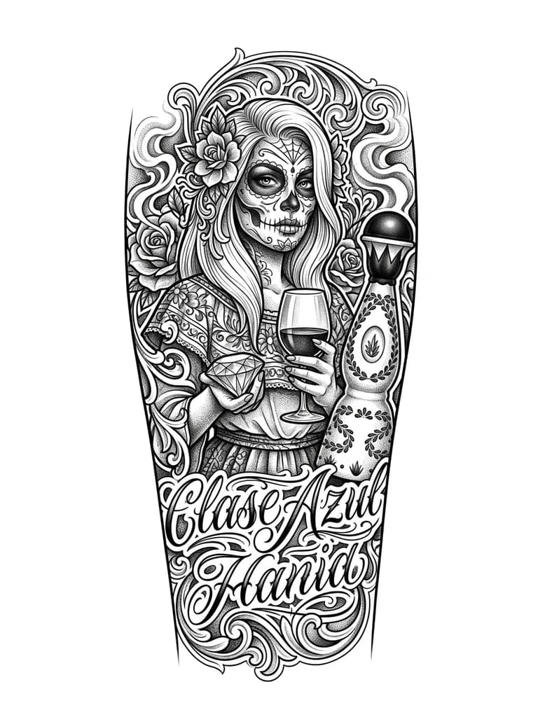 Тату эскиз: Девушка блондинка с длинными волосами по грудь,  с лицом разукрашенным в виде черепа, без банданы на голове, держит в одной руке бокал вина, в другой бриллиант, еще добавить бутылку clase azul reposado, без надписей. без крестов и религиозной символики. Добавить много теней . вертикальный формат изображения. 