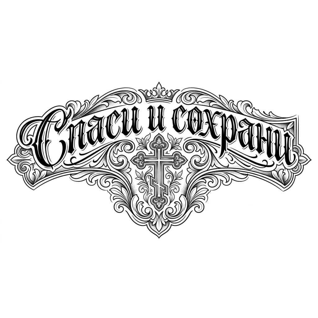 Тату эскиз: Спаси и сохрани надпись на спине с эскизом