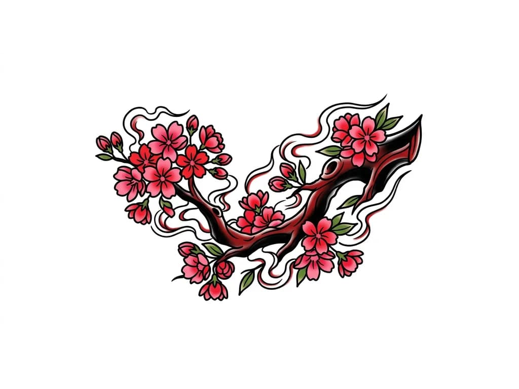 Тату эскиз: Линии, дым, минимализм . Черно- красный цвет ветка саку на ключицу тату толстая ветка много бутонов японская тематика 
