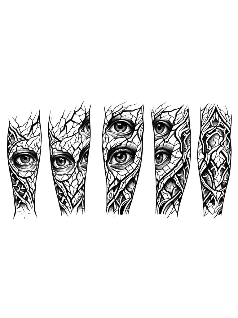 Тату эскиз: Эскиз татуировки полурукава (от запястья до локтя) с продолжением на обратной стороне руки. Основной мотив — реалистичные глаза, встроенные в сеть трещин, охватывающих всю руку. Чёрно-белая гамма, высокая детализация, контрастные линии. Трещины должны плавно переходить с передней части руки на заднюю, создавая единый рисунок. Реалистичный стиль, акцент на глубине и объёме глаз. 