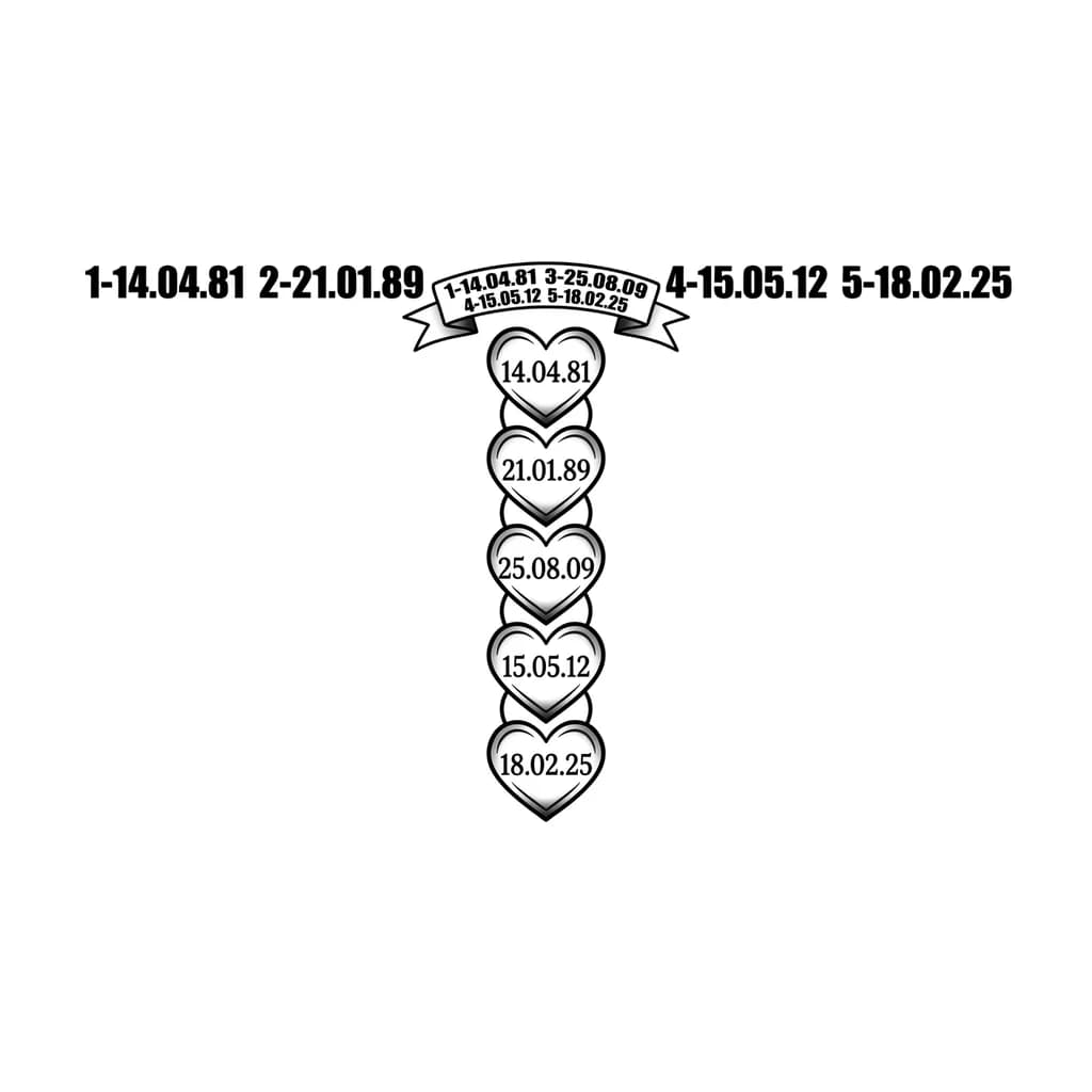 Тату эскиз: 5 серцец в столбик одной непрерывной линией , в каждом сердце написана дата