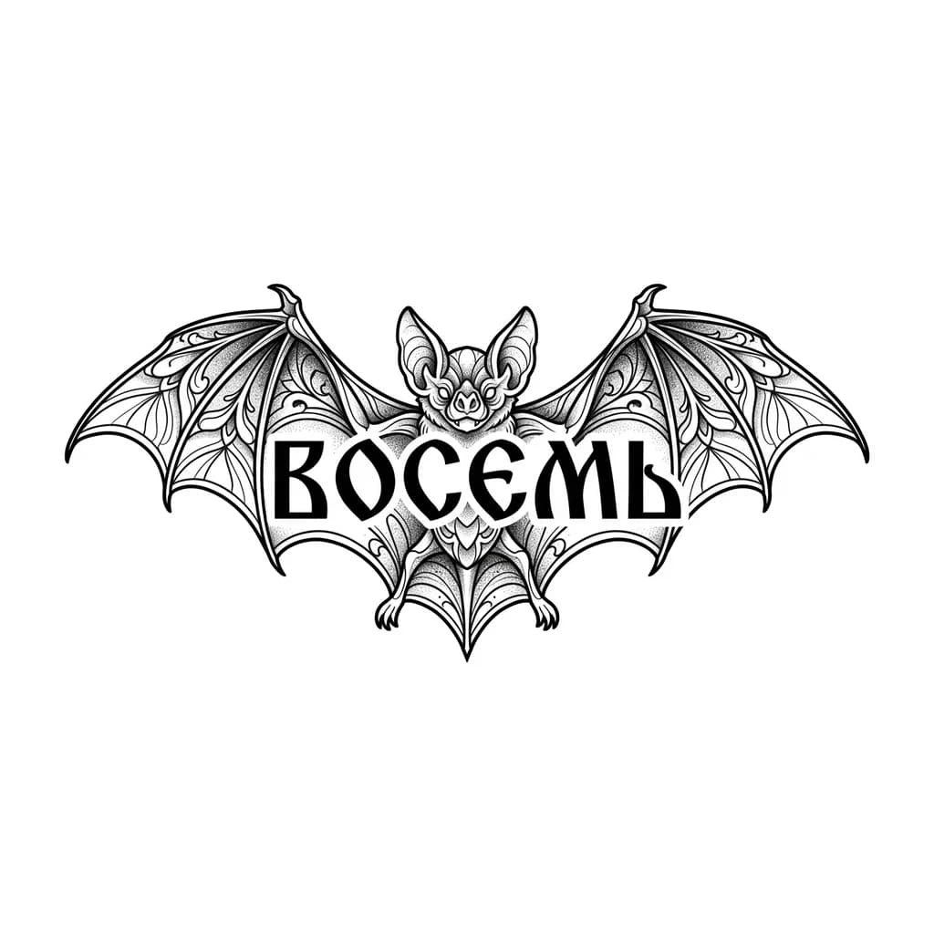 Тату эскиз: сгенерировать эскиз тату: Сделай эскиз для тату: все должно быть симетрично, татуировка 5-10см, задний план летучая мышь а на переднем плане цифра восемь. МИНИМАЛИЗМ