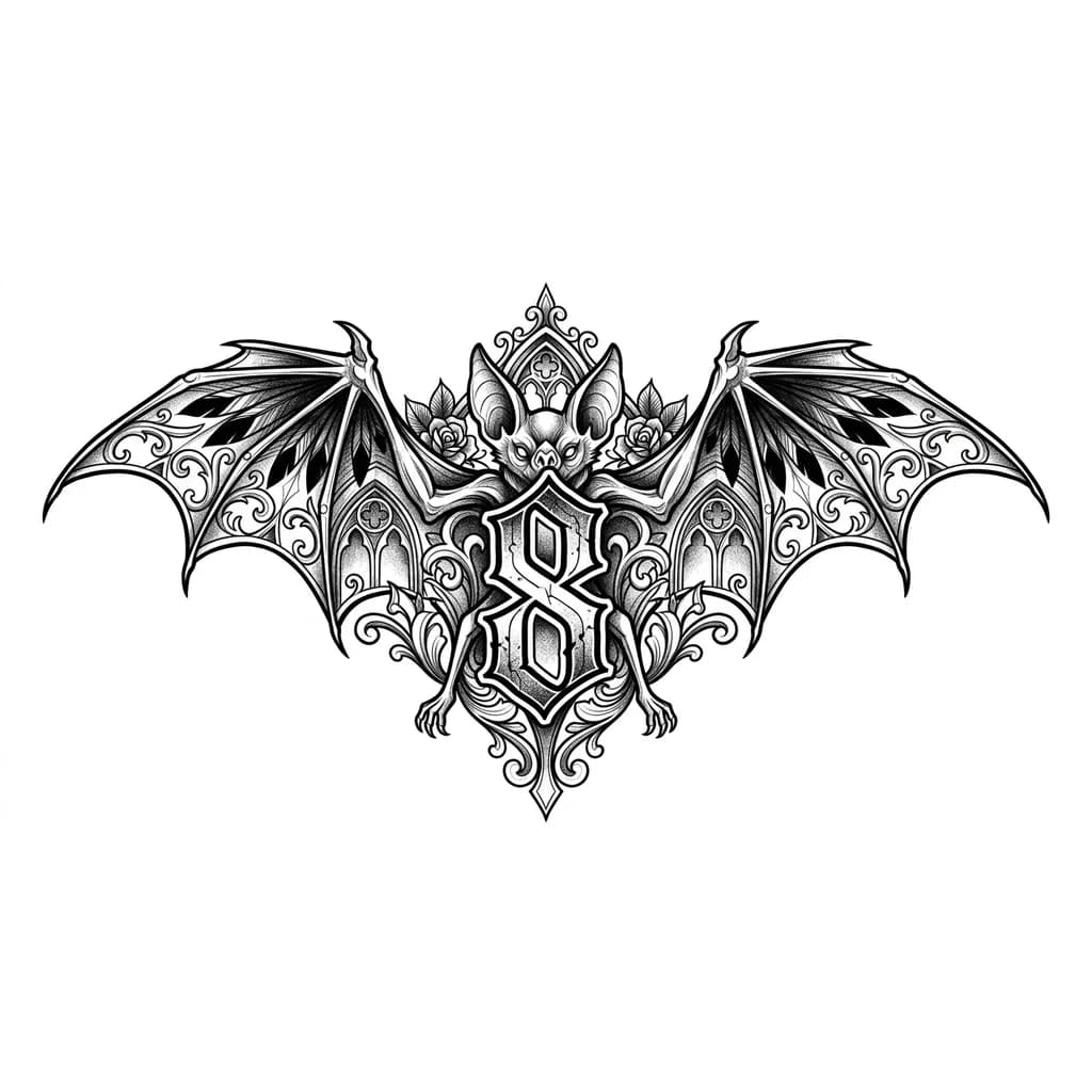 Тату эскиз: сгенерировать эскиз тату: Сделай эскиз для тату: все должно быть симетрично, татуировка 5-10см, задний план летучая мышь а на переднем плане цифра 8
МИНИМАЛИЗМ