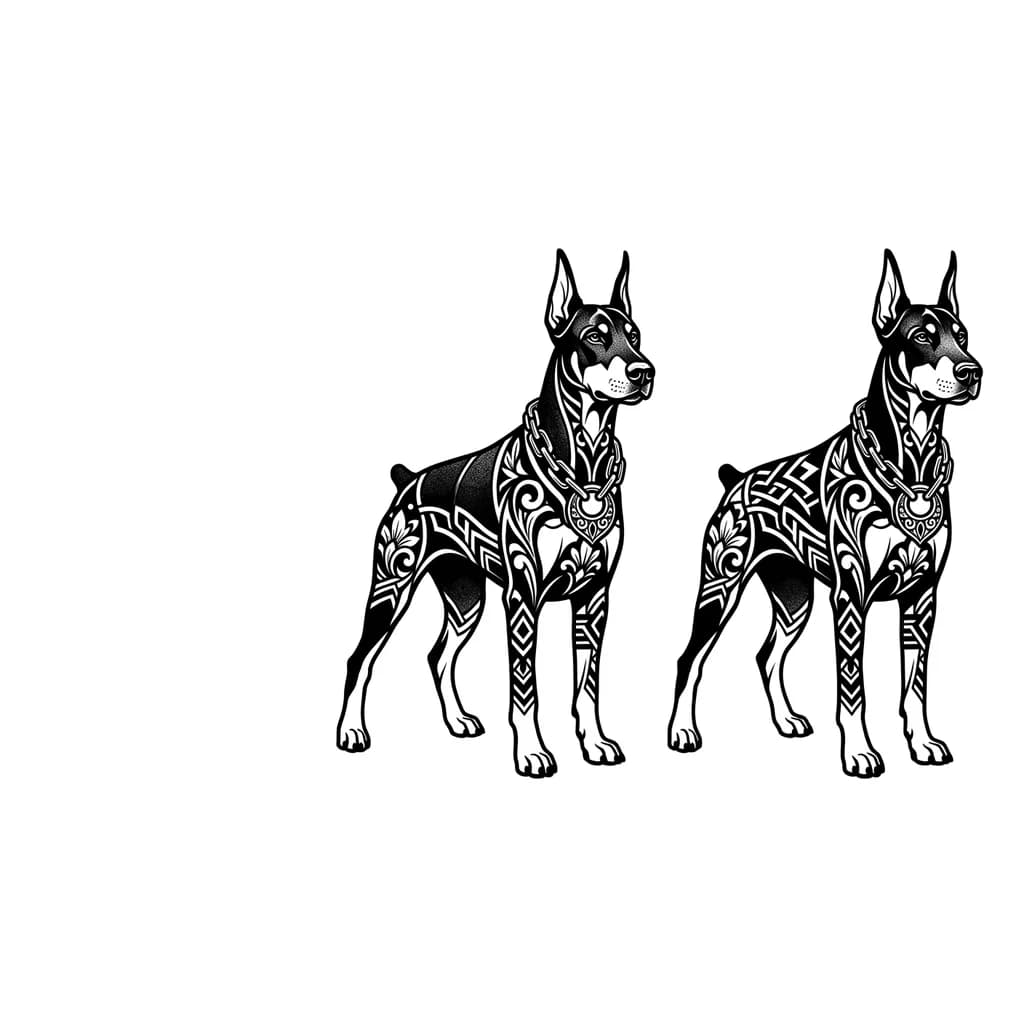 Тату эскиз: тату добермана с цепью на шее