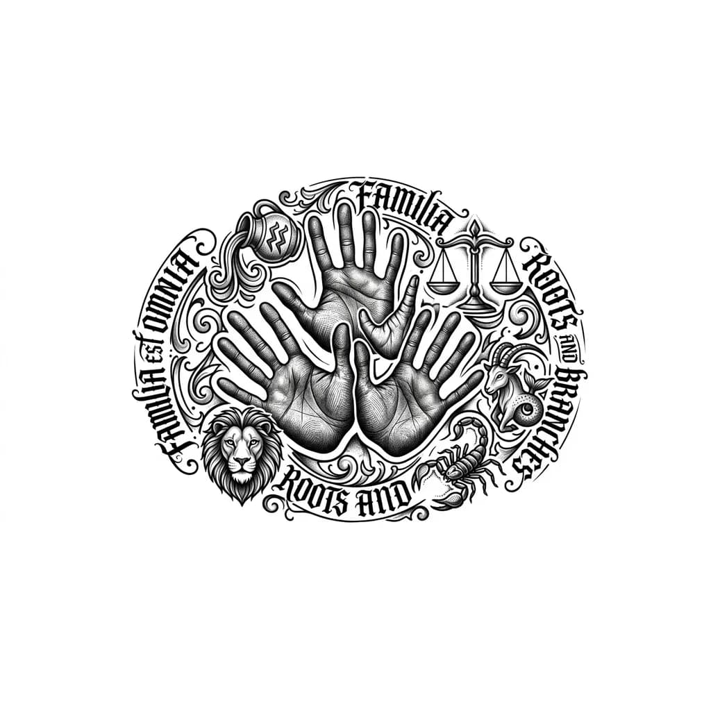 Тату эскиз:  Четыре отпечатка ладоней,вокруг них знаки зодиака водолей,весы,козерог,лев,скорпион, слова о семье