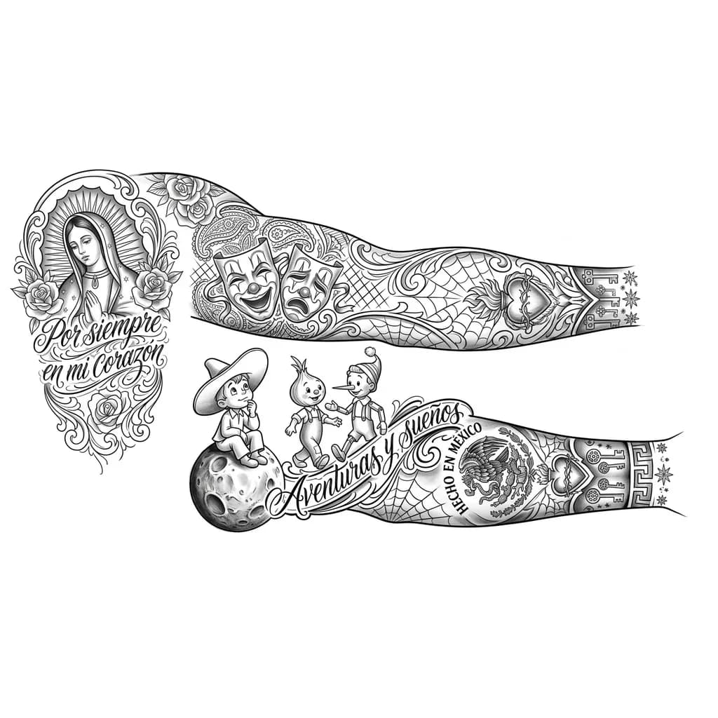 Тату эскиз: Ну погоди с незнайка на луне и  чиполино с буратиной