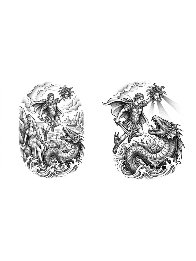 Тату эскиз: Персей спасает Андромеду