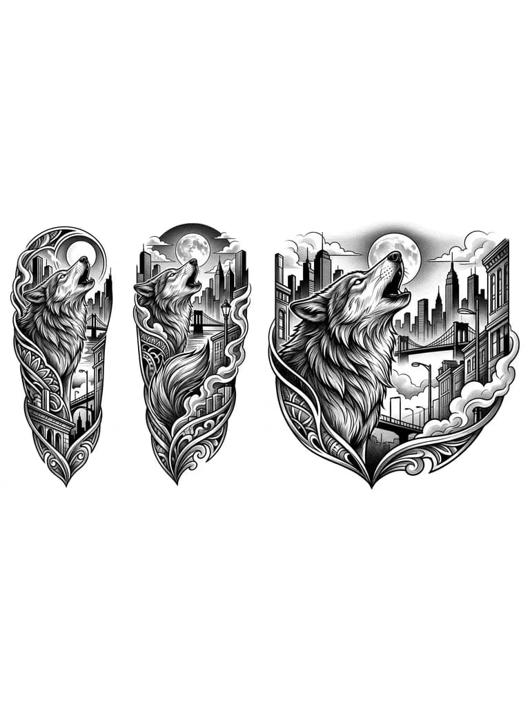 Тату эскиз: Волк на фоне города
