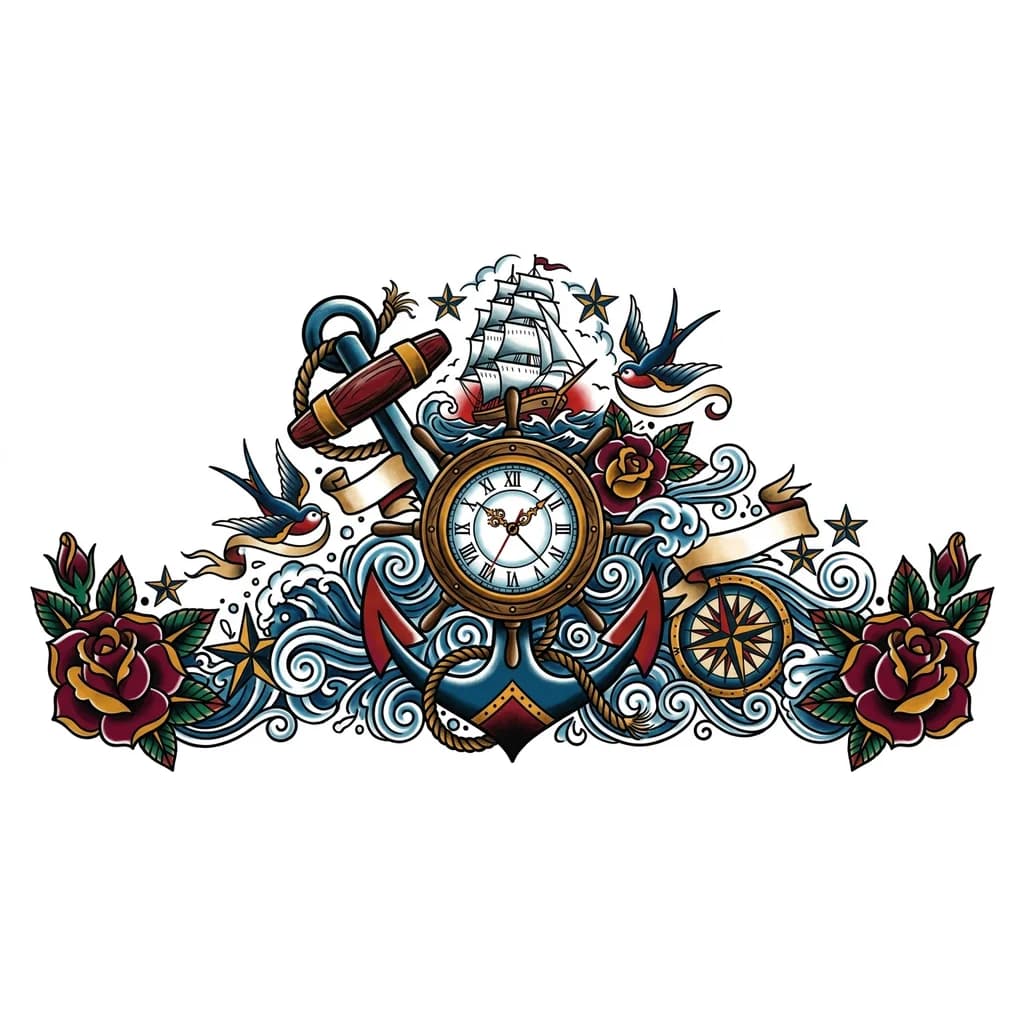 Тату эскиз: Тату рукав с часами на синем фоне и узоры