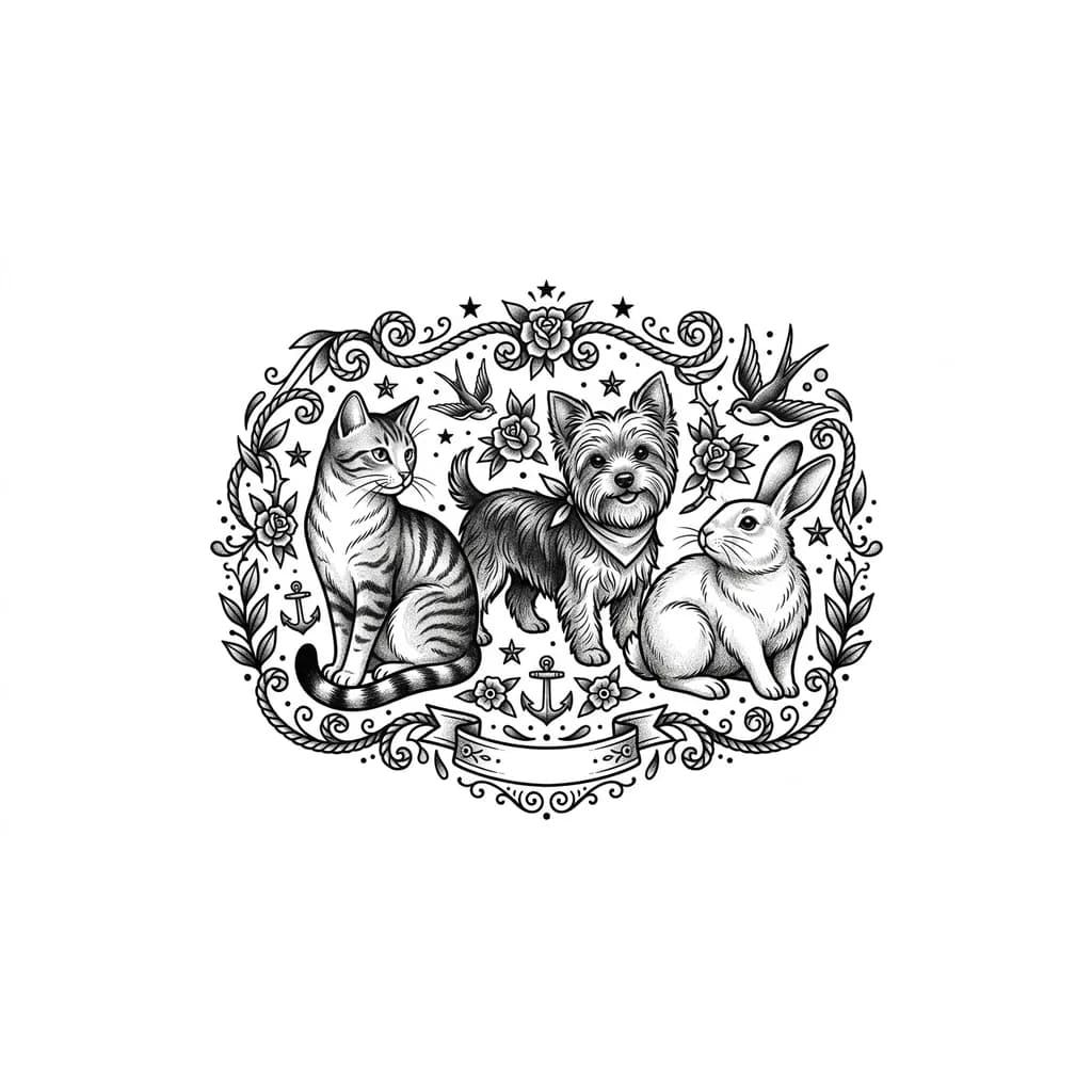 Тату эскиз: Создайте воздушный и трогательный эскиз с кошкой, йоркширским терьером и кроликом.