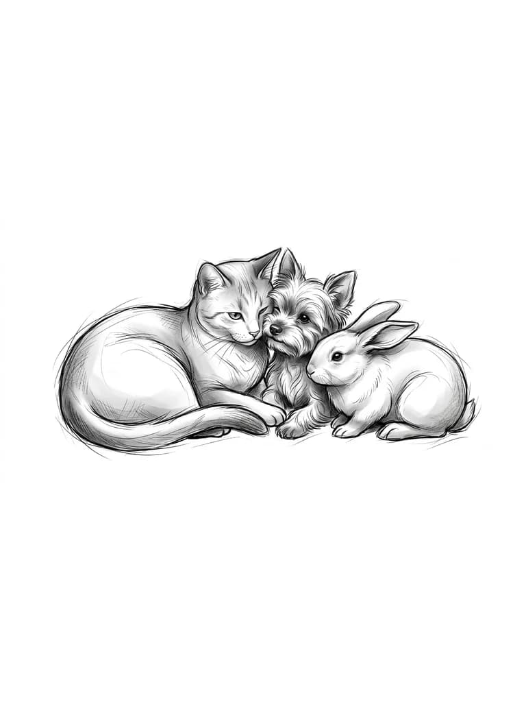 Тату эскиз: Создайте воздушный и трогательный эскиз с кошкой, йоркширским терьером и кроликом.