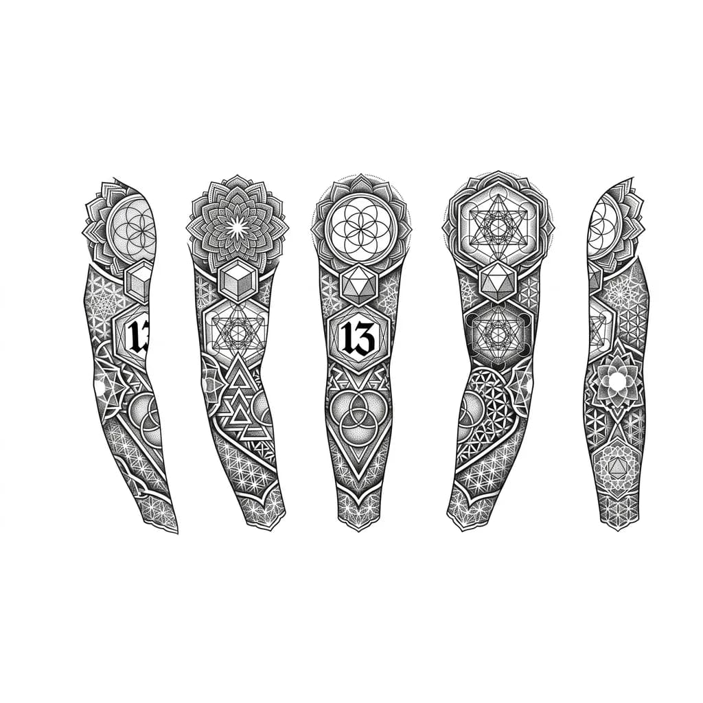 Тату эскиз: Тату во всю руку, добавить число 13, и множество геометрических элементов