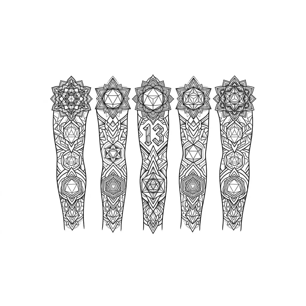 Тату эскиз: Тату во всю руку, добавить число 13, и множество геометрических элементов