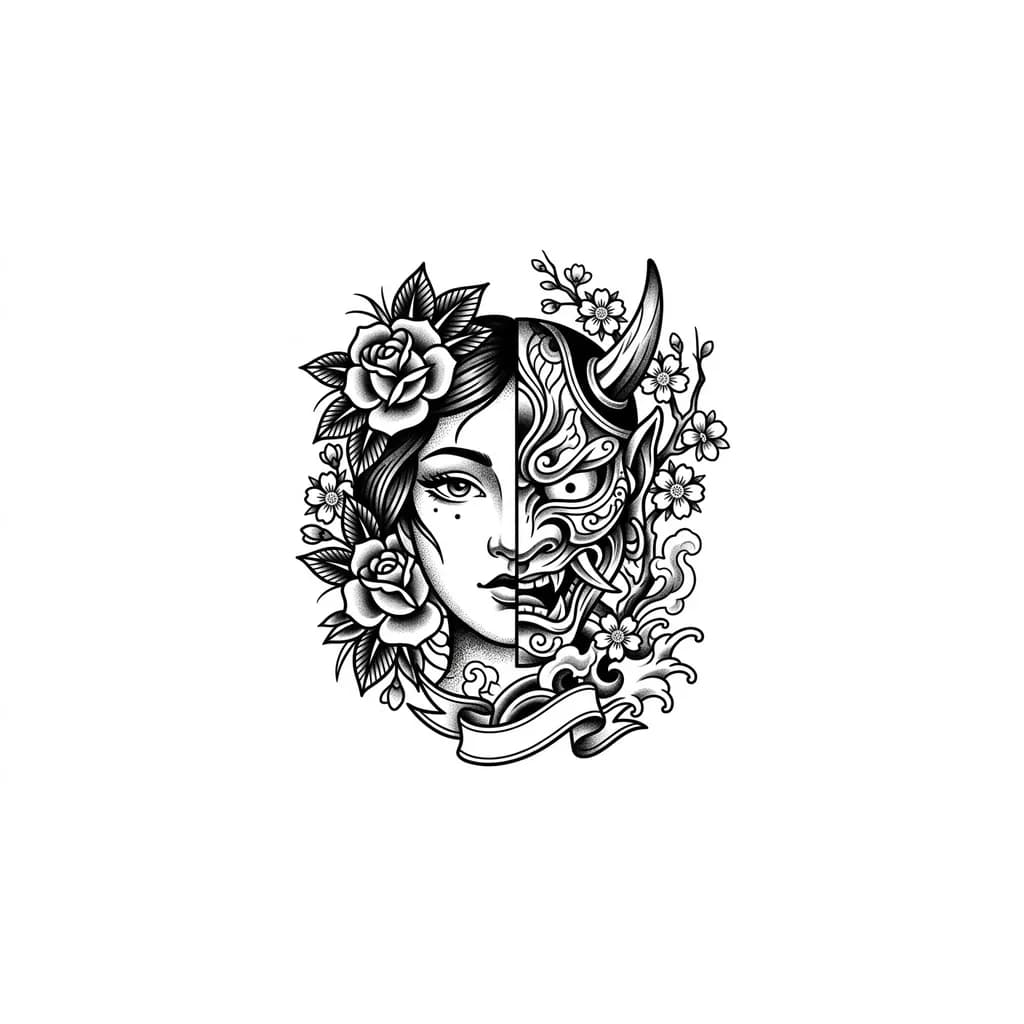 Тату эскиз: Японский стиль, лицо девушки наполовину в маске самурая, а по бокам цветы сакуры 