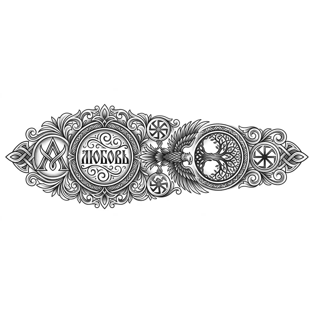 Тату эскиз: Эскиз выполнен в компоновке симфолов, обозначающих следующее: семья, родина, верность, отвага, Любовь и тому подобное. Можно выполнить либо в виде славянских символов, либо в каком либо другом стиле.