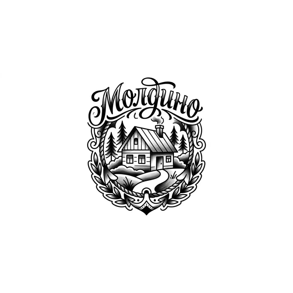 Тату эскиз: Надпись «Молдино» изящным шрифтом с тонко прорисованным деревенским домом и природой