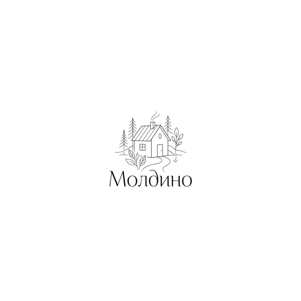 Тату эскиз: Надпись «Молдино» изящным шрифтом с тонко прорисованным деревенским домом и природой