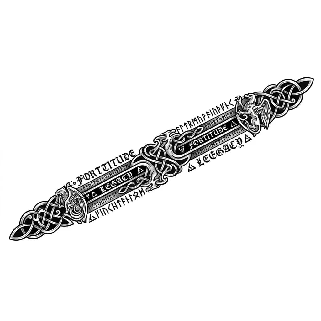 Тату эскиз: Готические полоски или надписи на с изображением знаков из ведьмака или рун, а также изображение какого либо мифического персонажа,длинный но узкий , на обратной стороне от кисти до локтя