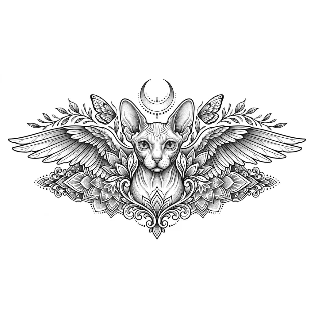 Тату эскиз: Кошка сфинкс для татутировки на поясницу