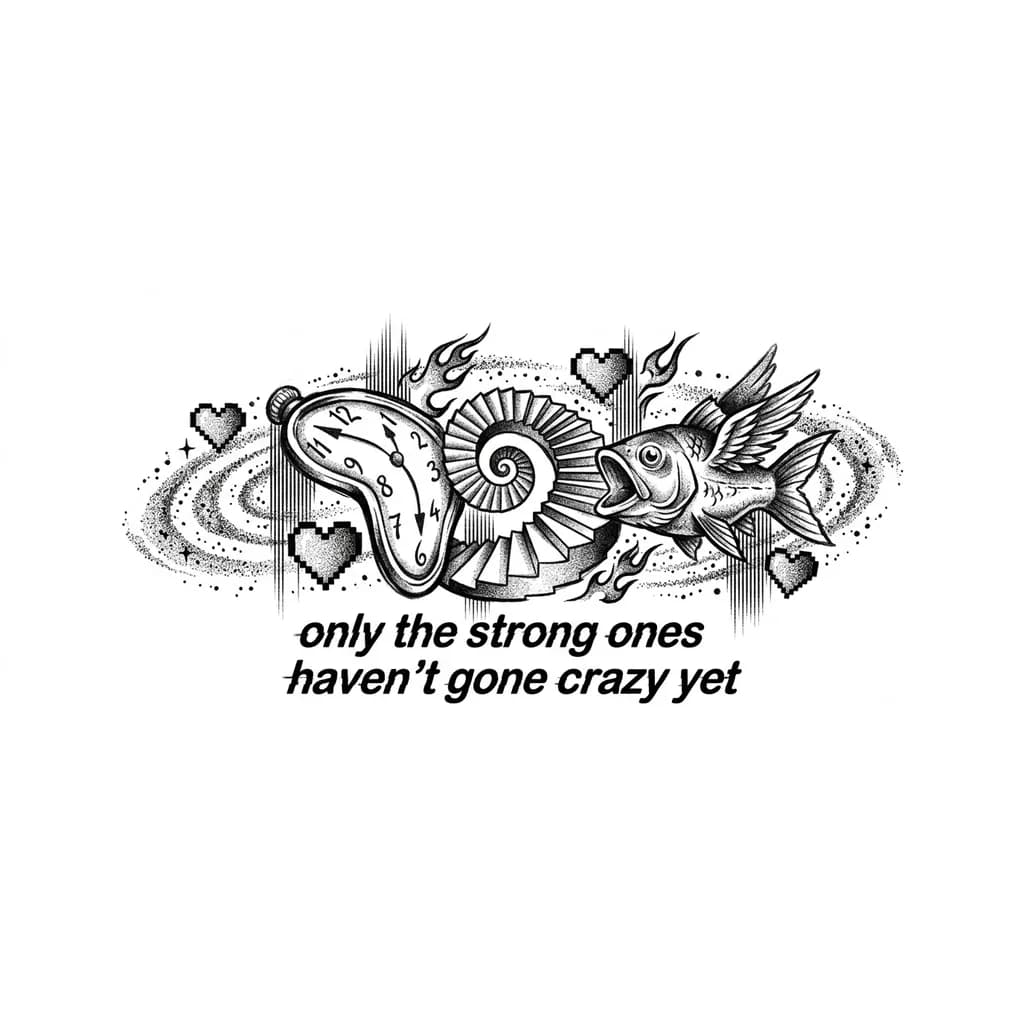 Тату эскиз: Эскиз тату на предплечье, горизонтальный. Стиль Y2K, чёрно-белый. Надпись курсивом с глитч-эффектом. Вокруг: мелкие племенные языки пламени, звёздная пыльца, пиксельные сердечки, линии развёртки (scanlines). Штриховой рисунок, небрежные края, трафаретный вид. Белый фон, высокий контраст. Без цвета.