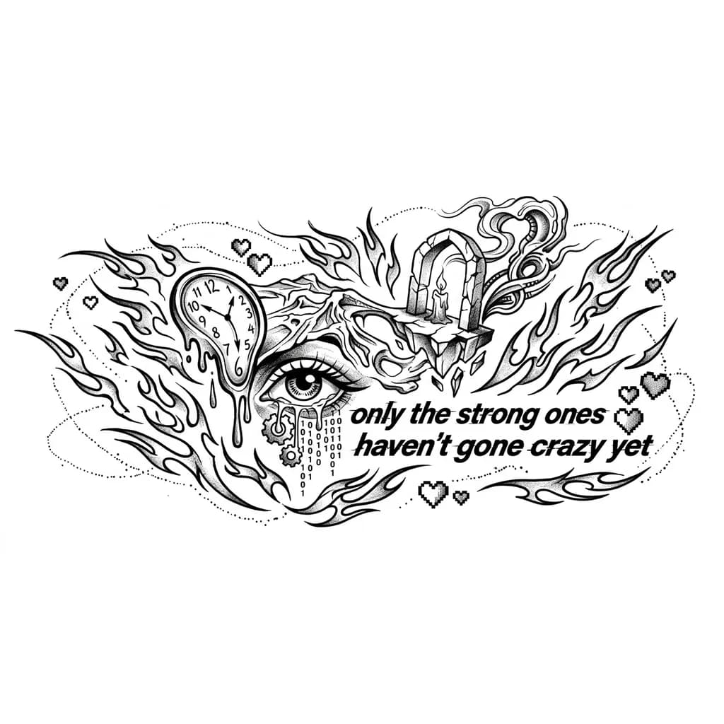 Тату эскиз: горизонтальный. Стиль Y2K, Надпись курсивом с глитч-эффектом. Вокруг: мелкие племенные языки пламени, звёздная пыльца, пиксельные сердечки, линии развёртки (scanlines). Штриховой рисунок, небрежные края, трафаретный вид. Белый фон, высокий контраст. Без цвета.