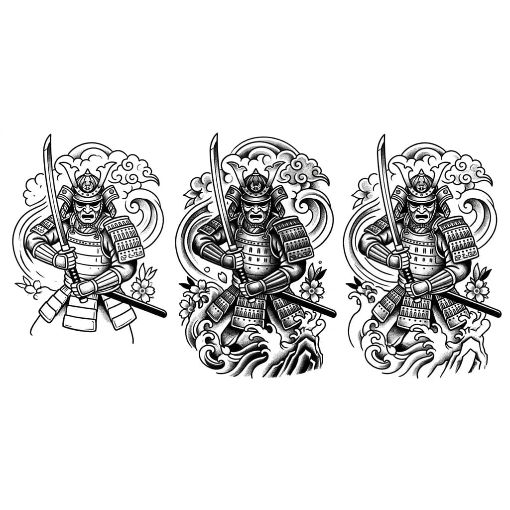 Тату эскиз: Самурай держит меч в руках вверх, по пояс