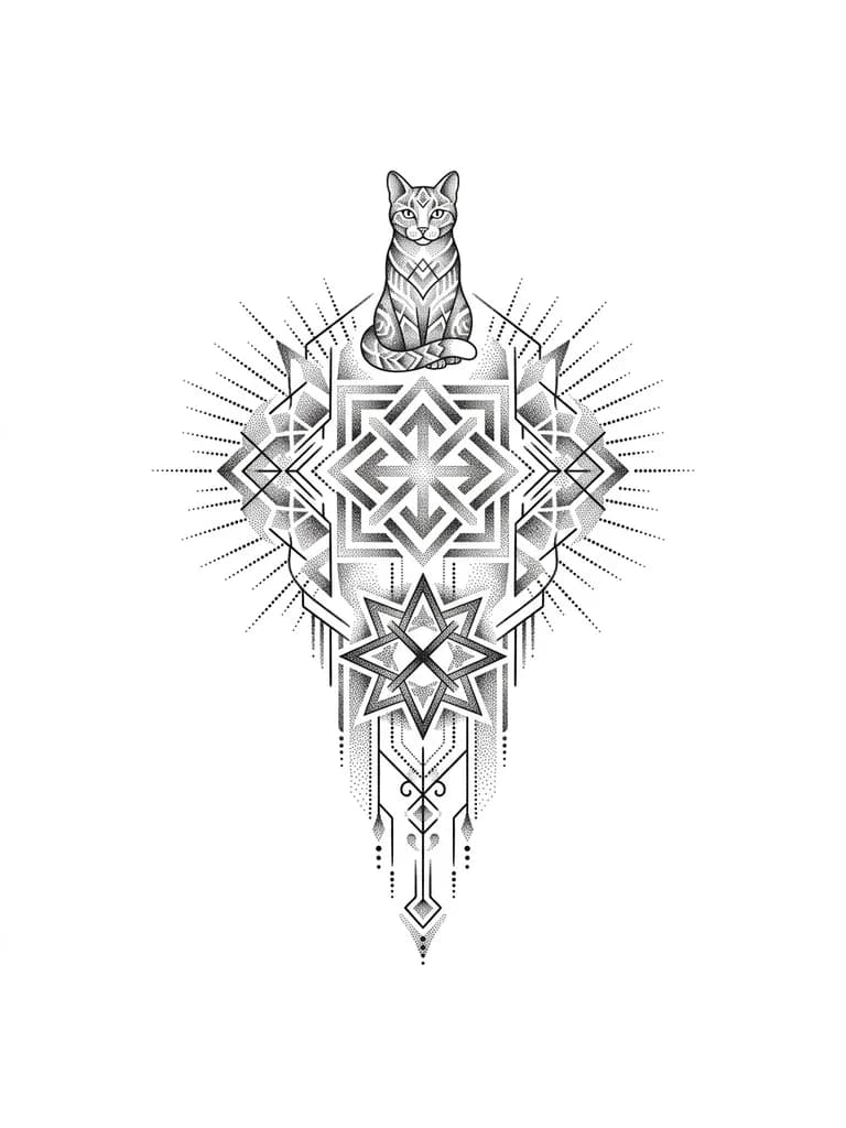 Тату эскиз: Татуировка на спине с изображением кошки и славянских символов квадрат Сварога и ладинец, вдоль позвоночника с линиями для удлинения изображения до поясницы