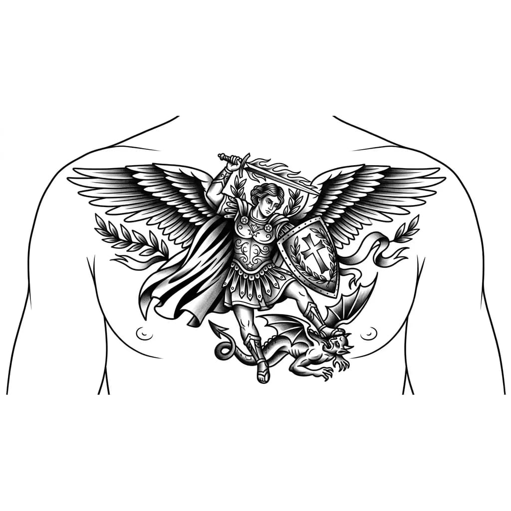 Тату эскиз: Архангел Михаил на всю грудб