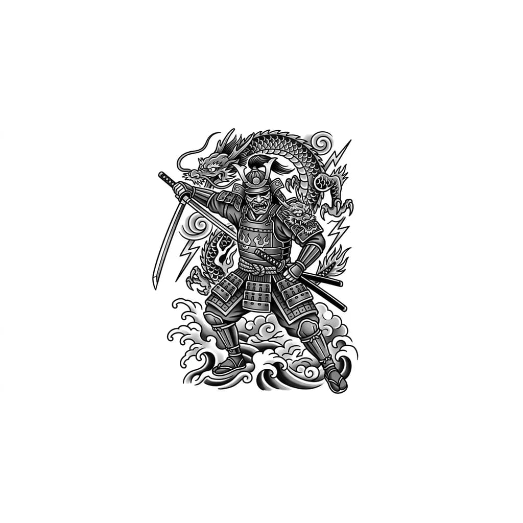 Тату эскиз: Тату на всë плечо мужское, самурай с катанами, но с современным доспехом - бронижелет Редут-Т5 (он подходит под самурайскую тематику), тематика тату - милитри + японская мифология. В татуировке сам самурай должен быть одет в современную броню (пронежелет) , просто подогнанную под самурайскую тематику