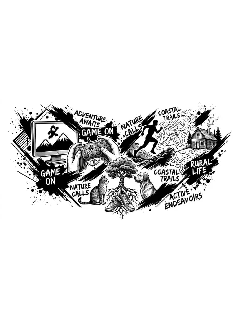 Тату эскиз: игроман , спортсмен, люблю дачу , природу. активный вид отдыха, кошки , собаки, 