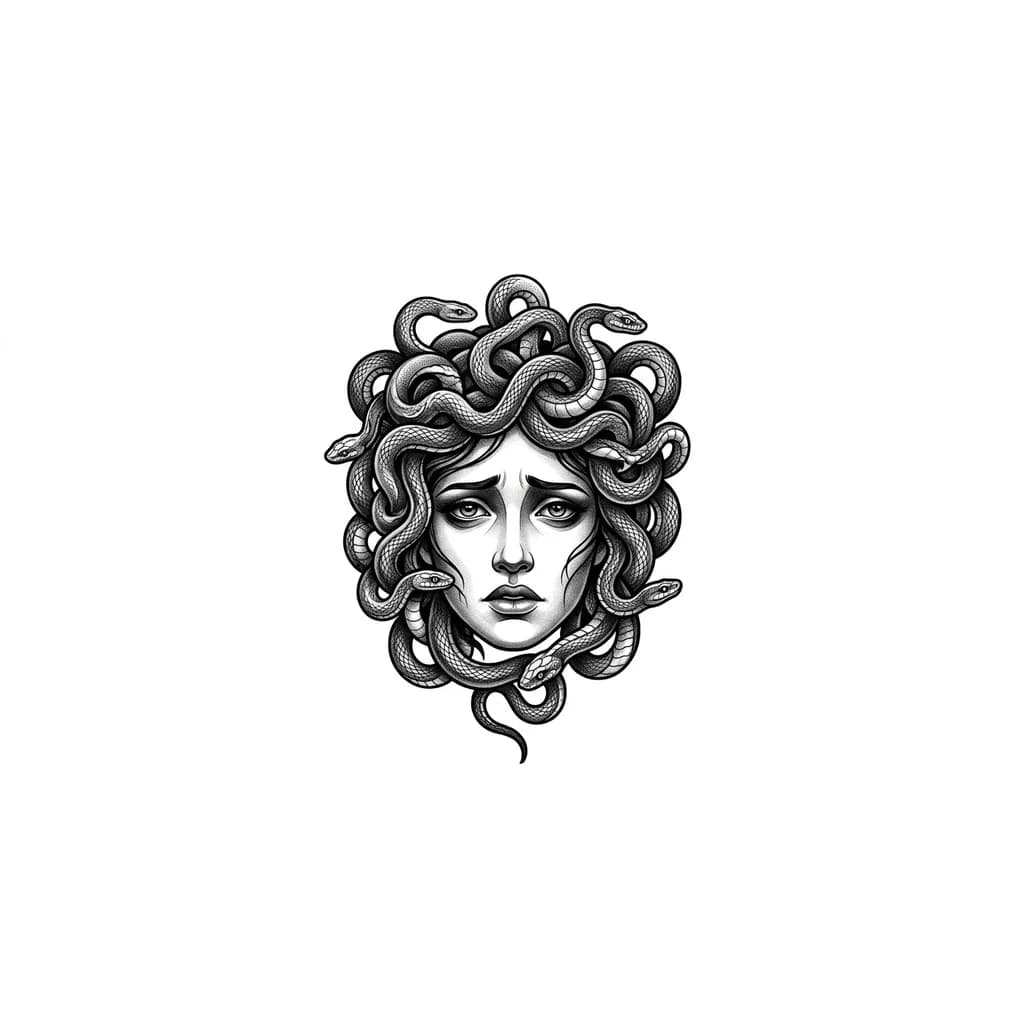 Тату эскиз: Медуза горгона чёрно-белое статуя без тела только голова грустные глаза 