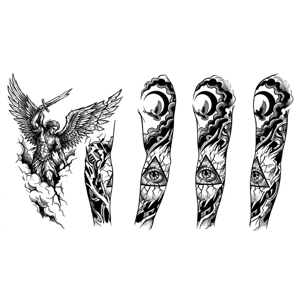 Тату эскиз: Эскиз тату-рукава в хаотичной гравюрной стилистике, только чёрная тушь, высокая контрастность. На предплечье — боевой ангел с треснувшими крыльями, вырывающийся из разорванных облаков, агрессивная поза, меч сломан. На локте — расколотое всевидящее око внутри треснувшего треугольника, от него расходятся трещины. На внутреннем бицепсе — маленький летящий голубь на фоне чёрной луны. Стиль: экспрессивная грубая линия, плотные чёрные заливки, рваные края. Никакого цвета.
