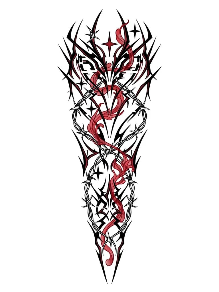 Тату эскиз: Эскиз от бедра до колена с суженем, красный полупрозрачные цветы ликорсы переплетающиеся с черными плавными линиями, с небольшим отголоском киберсигилизма, четырехконечные вписывающиеся в эскиз звезды, естественные тени и располодение