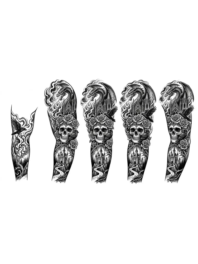 Тату эскиз: Дракон дышит огнем
Рядом замок и дорога