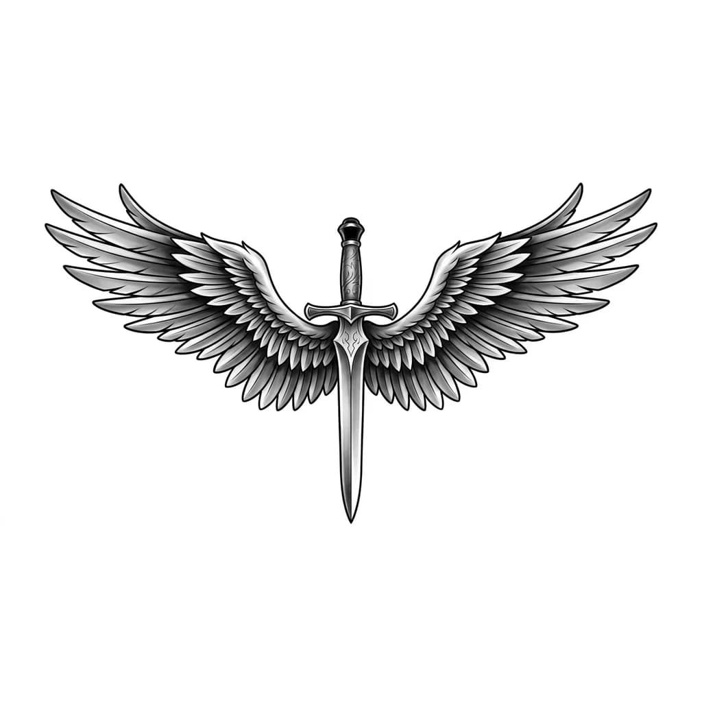 Тату эскиз: Меч с широкими крыльями ангела